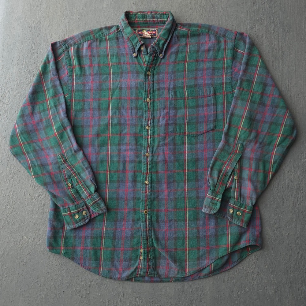 Vintage 90s North Crest Green Plaid Flannel Shirt Large Grunge